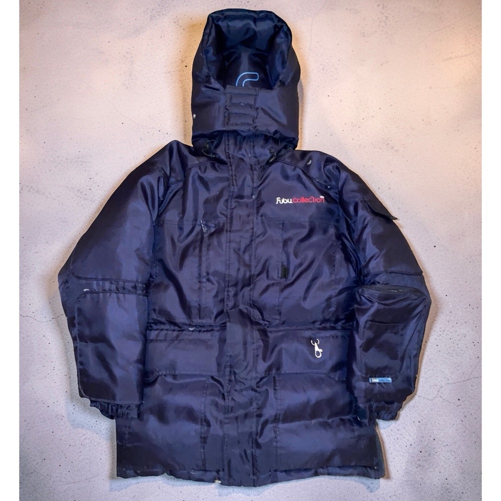 FUBU The Collection Mens XL Navy Down Puffer Parka Hooded Long Jacket